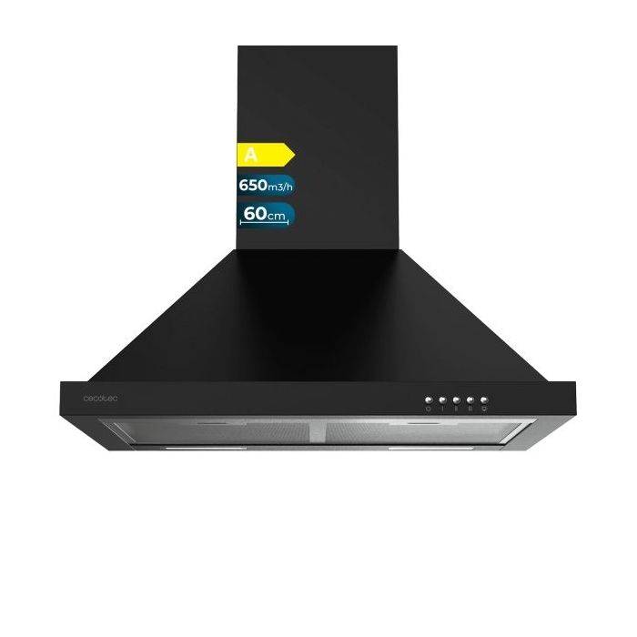 Cecotec Bolero Flux PM 606500 Black A Campana Extractora de 60cm - 165W - Succion 650m3/h - Luz LED - Incluye Accesorios - Kit de Montaje - Filtros de Carbono Incluidos - Color Negro