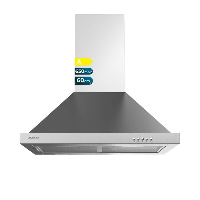 Cecotec Bolero Flux PM 606500 Inox A Campana Extractora de 60cm - 165W - Succion 650m3/h - Luz LED - Incluye Accesorios - Acero Inoxidable - Kit de Montaje - Filtros de Carbono Incluidos - Color Acero