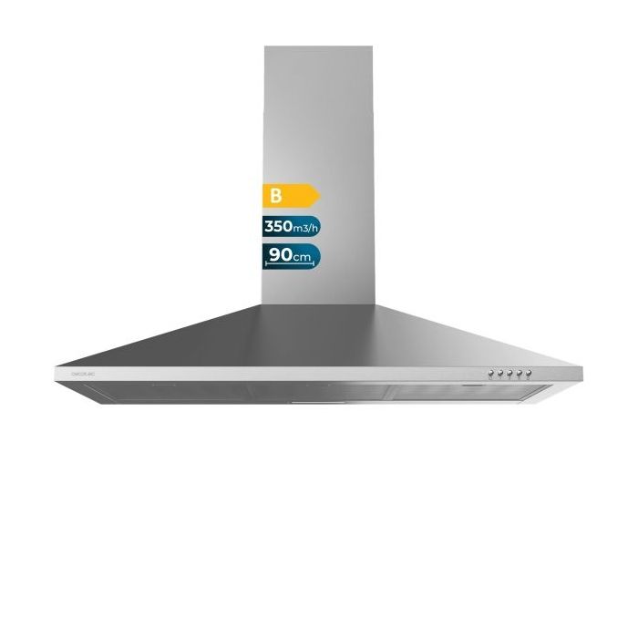Cecotec Bolero Flux PM 903500 Inox B Campana Extractora de 90cm - 65W - Succion 350m3/h - Luz LED - Incluye Accesorios - Acero Inoxidable - Kit de Montaje - Filtros de Carbono Incluidos - Color Acero