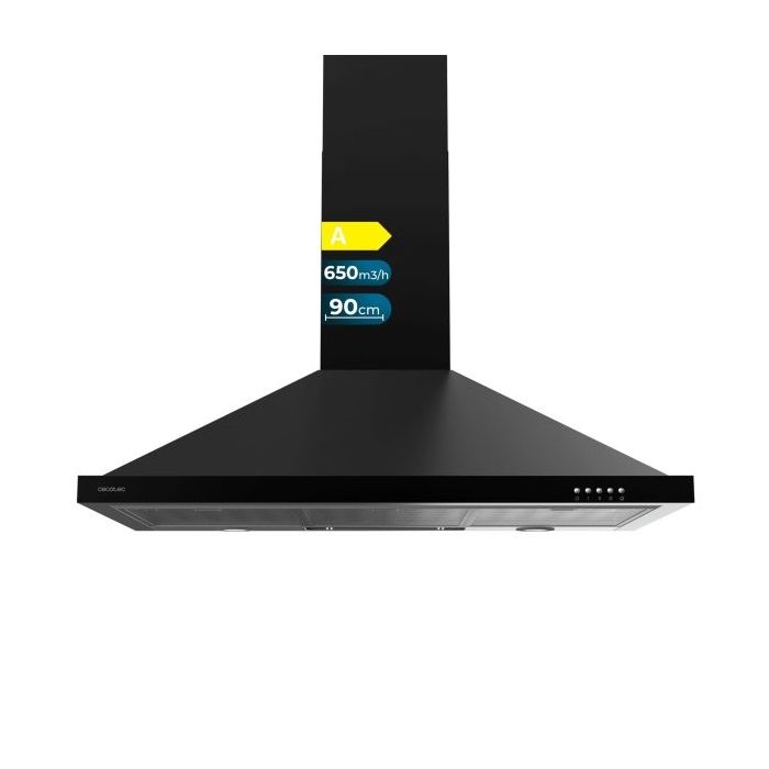 Cecotec Bolero Flux PM 906500 Black A Campana Extractora de 90cm - 165W - Succion 650m3/h - Luz LED - Incluye Accesorios - Kit de Montaje - Filtros de Carbono Incluidos - Color Negro