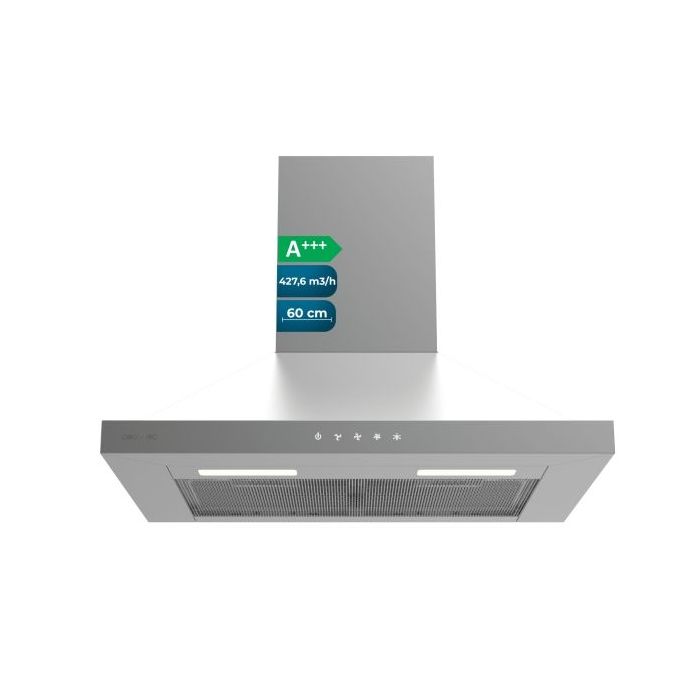 Cecotec Bolero Flux PT 604000 Inox A+++ Campana Extractora de 60cm - Succion 427.6m3/h - Luz LED - Filtros Aptos para Lavavajillas - Varias Velocidades - Filtros de Carbono Incluidos - Color Gris