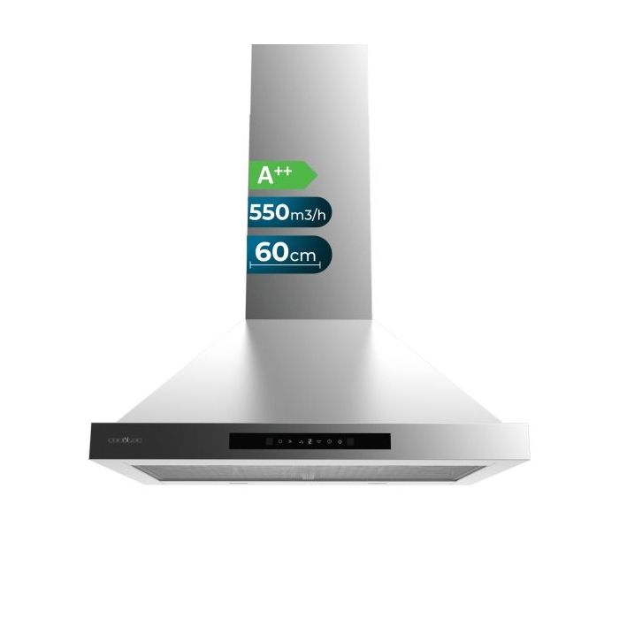 Cecotec Bolero Flux PT 605500 Inox A++ Campana Extractora de 60cm - 70W - Succion 550m3/h - Luz LED - Pantalla LED - Incluye Accesorios - Acero Inoxidable - Filtros de Carbono Incluidos - Color Acero