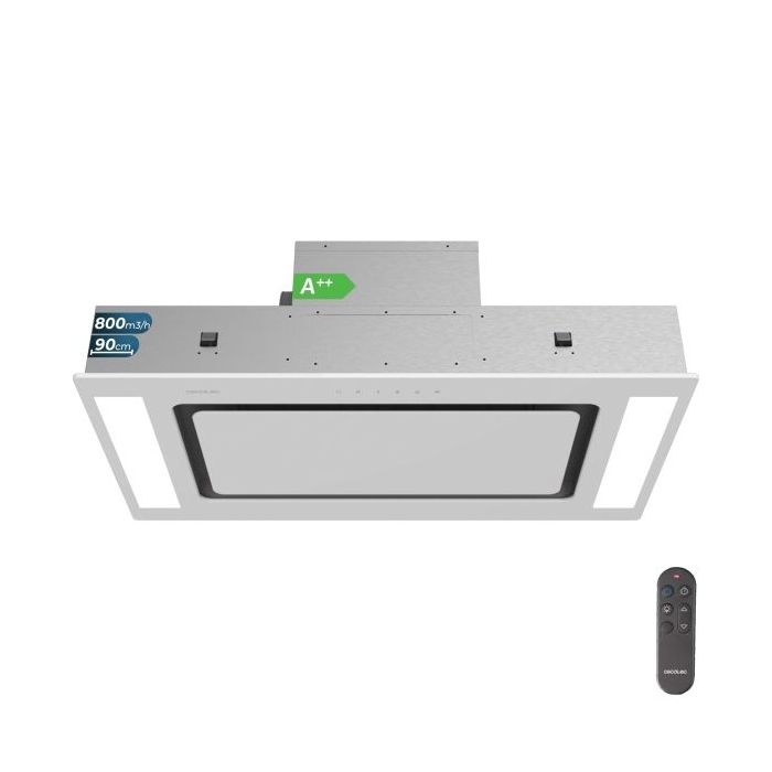 Cecotec Bolero Flux TIR 908000 Glass White A++ Campana Extractora Integrable de Techo de 90cm - 210W - Succion 800m3/h - Cable 90cm - Luz LED - Incluye Accesorios - Filtros de Carbono - Color Blanco