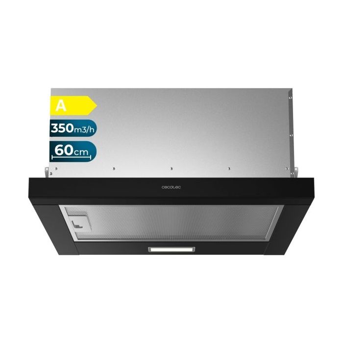 Cecotec Bolero Flux TLM 603500 Black A Campana Extractora Telescopica de 60cm - 70W - Succion 350m3/h - Luz LED - Incluye Accesorios - Kit de Montaje - Filtros de Carbono Incluidos - Color Negro