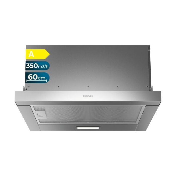 Cecotec Bolero Flux TLM 603500 Inox A Campana Extractora Telescopica de 60cm - 70W - Succion 350m3/h - Luz LED - Incluye Accesorios - Kit de Montaje - Filtros de Carbono Incluidos - Color Acero
