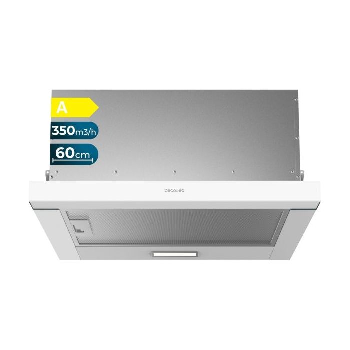 Cecotec Bolero Flux TLM 603500 White A Campana Extractora Telescopica de 60cm - 70W - Succion 350m3/h - Luz LED - Incluye Accesorios - Kit de Montaje - Filtros de Carbono Incluidos - Color Blanco