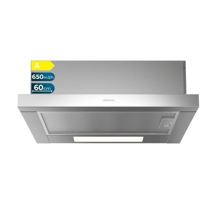 Cecotec Bolero Flux TLM 606500 Inox A Campana Extractora Telescopica de 60cm - 165W - Succion 650m3/h - Luz LED - Incluye Accesorios - Kit de Montaje - Filtros de Carbono Incluidos - Color Acero