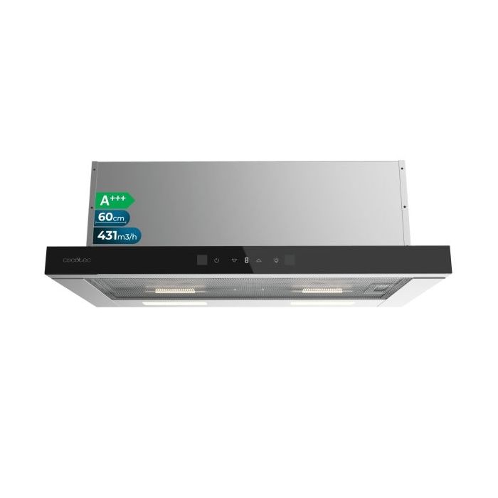 Cecotec Bolero Flux TLT 604400 Glass Black A+++ Campana Extractora Telescopica de 60cm - 431.2m3/h - LED - Pantalla - Acero Inoxidable - Filtros Aptos para Lavavajillas - Filtros de Carbono - Color Negro
