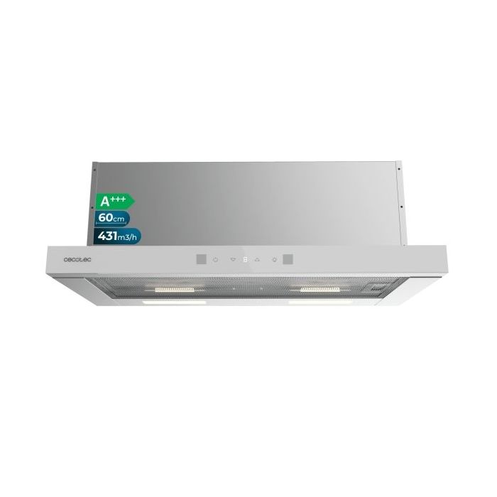 Cecotec Bolero Flux TLT 604400 Glass White A+++ Campana Extractora Telescopica de 60cm - 431.2m3/h - Luz LED - Acero Inoxidable - Filtros Aptos para Lavavajillas - Filtros de Carbono - Color Blanco
