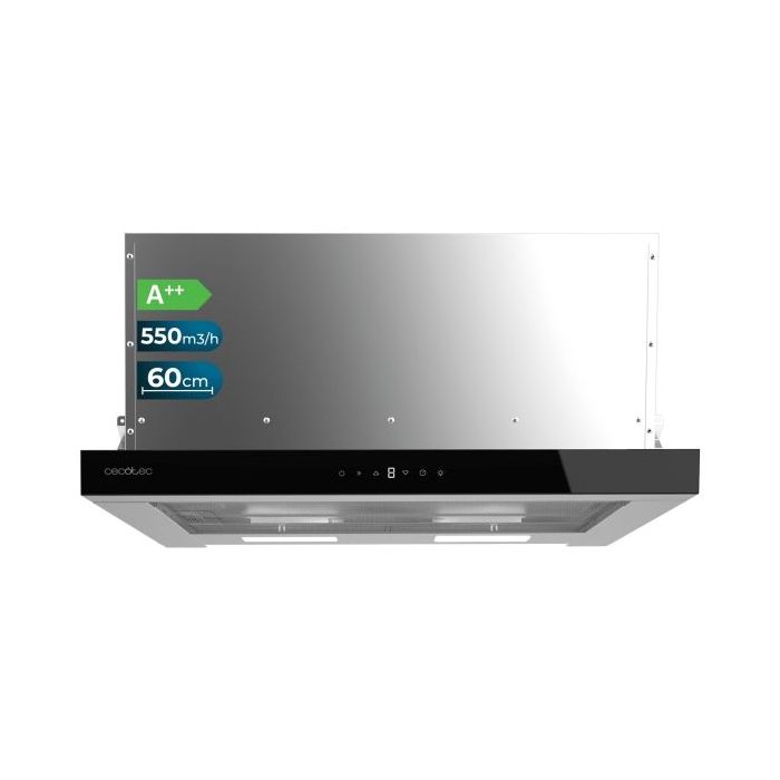 Cecotec Bolero Flux TLT 605500 Glass Black A++ Campana Extractora Telescopica de 60cm - 70W - Succion 550m3/h - Luz LED - Pantalla LED - Incluye Accesorios - Filtros de Carbono Incluidos - Color Negro