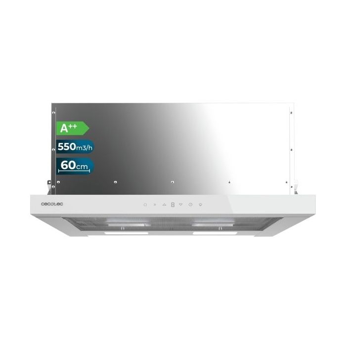 Cecotec Bolero Flux TLT 605500 Glass White A++ Campana Extractora Telescopica de 60cm - 70W - Succion 550m3/h - Luz LED - Pantalla LED - Incluye Accesorios - Filtros de Carbono Incluidos - Color Blanco