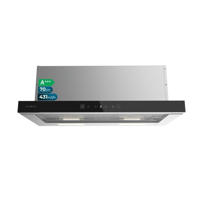 Cecotec Bolero Flux TLT 704400 Glass Black A+++ Campana Extractora Telescopica de 70cm - 431.2m3/h - LED - Pantalla - Acero Inoxidable - Filtros Aptos para Lavavajillas - Filtros de Carbono - Color Negro