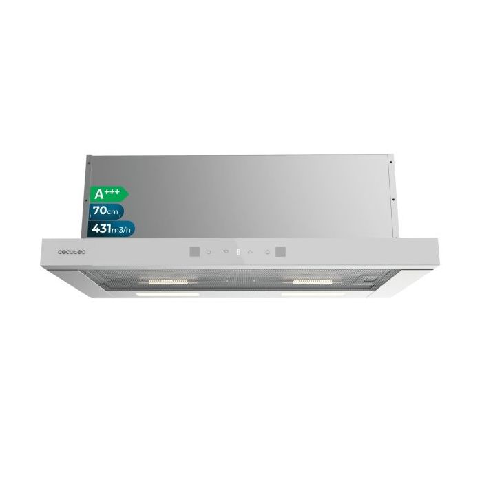 Cecotec Bolero Flux TLT 704400 Glass White A+++ Campana Extractora Telescopica de 70cm - 431.2m3/h - LED - Pantalla - Acero Inoxidable - Filtros Aptos para Lavavajillas - Filtros de Carbono - Color Blanco