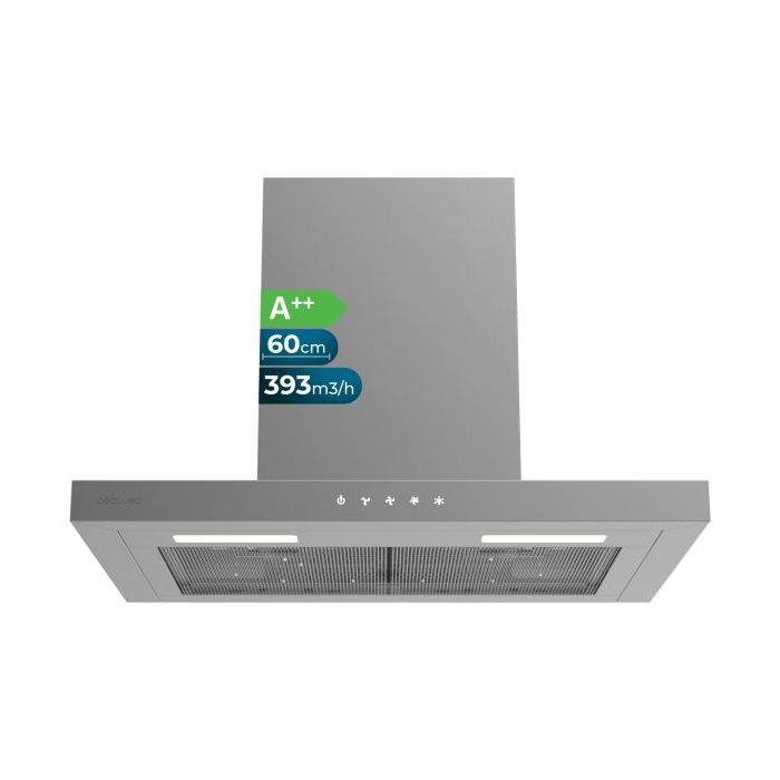 Cecotec Bolero Flux TT 604000 Inox A++ Campana Extractora de 60cm - Succion 393m3/h - Luz LED - Filtros Aptos para Lavavajillas - Varias Velocidades - Filtros de Carbono Incluidos - Color Gris