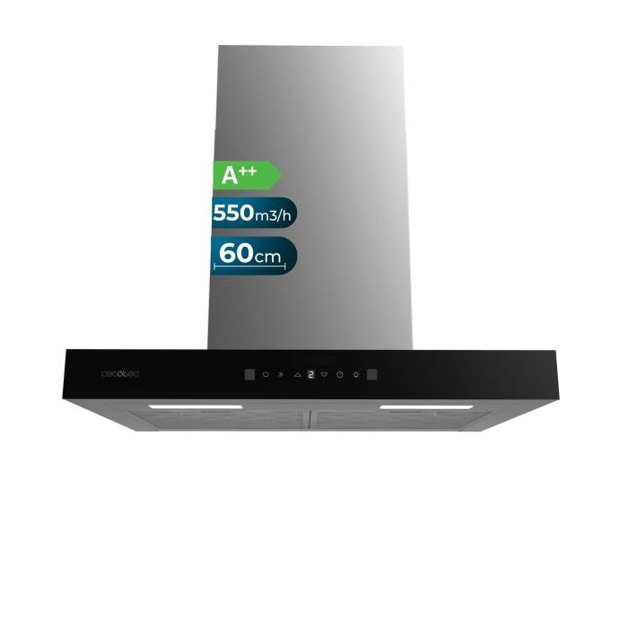Cecotec Bolero Flux TT 605500 Glass Black A++ Campana Extractora de 60cm - 70W - Succion 550m3/h - Luz LED - Pantalla LED - Incluye Accesorios - Filtros de Carbono Incluidos - Color Negro