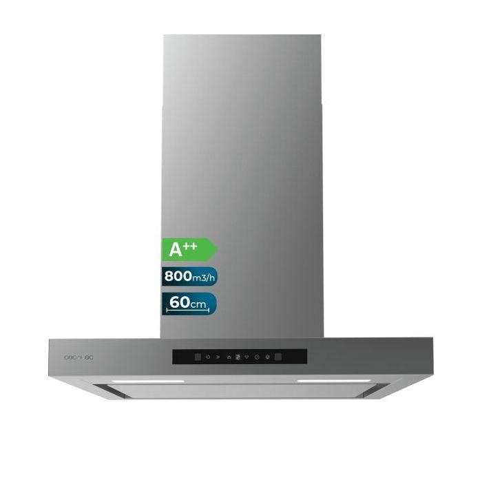 Cecotec Bolero Flux TT 608000 Slim Glass Black A++ Campana Extractora de 60cm - 210W - Succion 800m3/h - Luz LED - Pantalla LED - Incluye Accesorios - Acero Inoxidable - Filtros de Carbono - Color Acero
