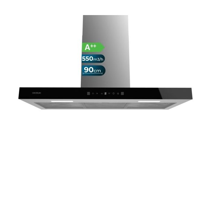 Cecotec Bolero Flux TT 905500 Glass Black A++ Campana Extractora de 90cm - 70W - Succion 550m3/h - Luz LED - Pantalla LED - Incluye Accesorios - Filtros de Carbono Incluidos - Color Negro
