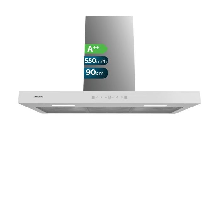Cecotec Bolero Flux TT 905500 Glass White A++ Campana Extractora de 90cm - 70W - Succion 550m3/h - Luz LED - Pantalla LED - Incluye Accesorios - Filtros de Carbono Incluidos - Color Blanco