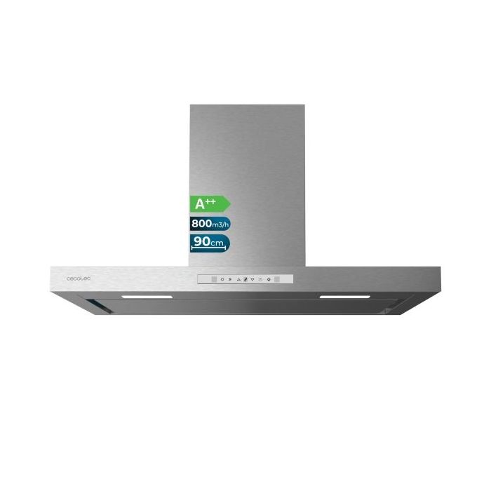 Cecotec Bolero Flux TT 908000 Slim Glass White A++ Campana Extractora de 90cm - 210W - Succion 800m3/h - Luz LED - Pantalla LED - Incluye Accesorios - Acero Inoxidable - Filtros de Carbono - Color Acero