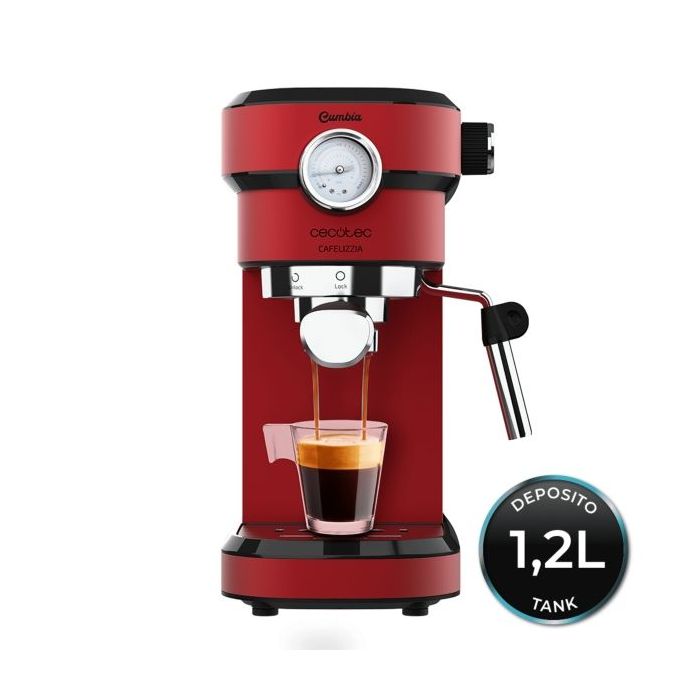 Cecotec Cafelizzia 790 Shiny Pro Cafetera Expresso - 1350W - 20Bar - Deposito 1.2L Extraible - Vaporizador Orientable - Calentamiento Rapido y Homogeneo - Doble Salida de Cafe - Color Rojo