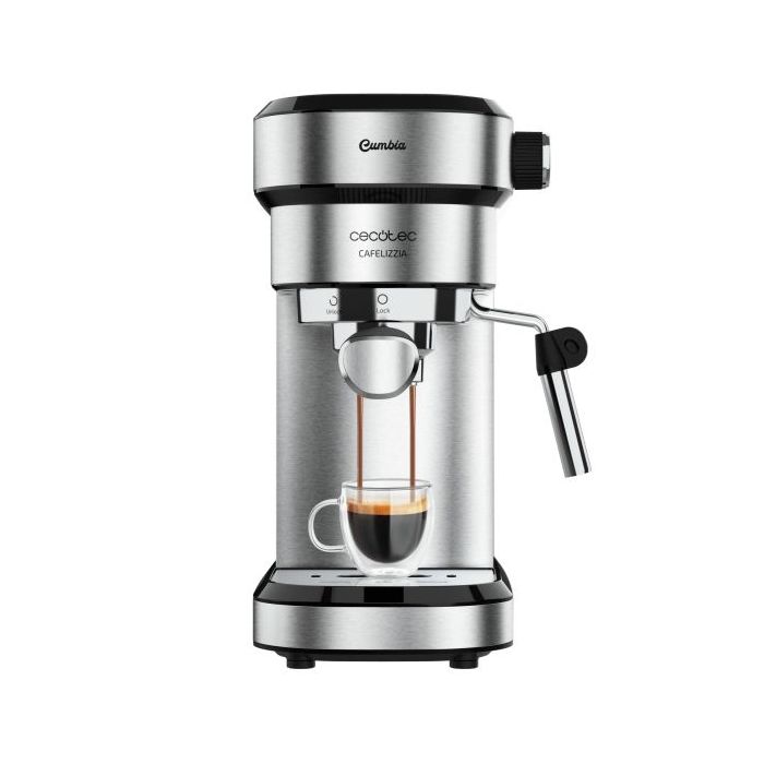 Cecotec Cafelizzia Steel Cafetera Expresso con Vaporizador - Potencia 1350W - Presion 20bar - Termoblock - Temperatura Regulable - Vaporizador - Apagado Automatico - Deposito 1.2L - Color Negro y Plateado