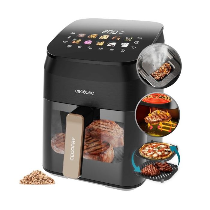 Cecotec Cecofry and Grill Smokin' 4500 Freidora sin Aceite 3 en 1 - 1900W - Ahumador Integrado - Coccion Rapida y Uniforme - Capacidad 4.5L - 10 Menus Automaticos - Control Visual - Color Negro