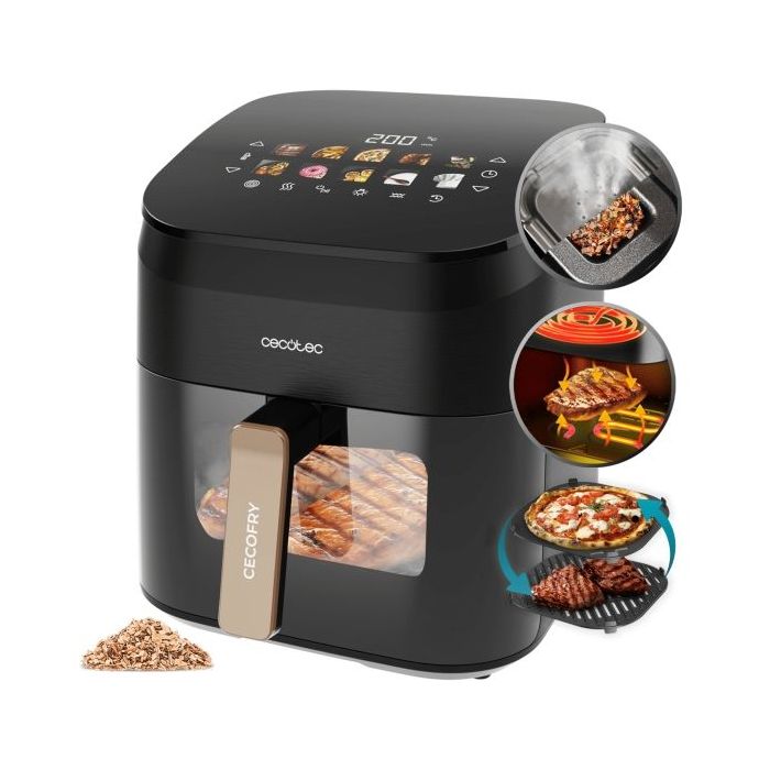 Cecotec Cecofry and Grill Smokin' 6500 Plus Freidora de Aire - 2200W - Capacidad 6.5L - Temperatura Regulable hasta 200ºC - Ahumador Integrado - Ventana de Visualizacion - Color Negro