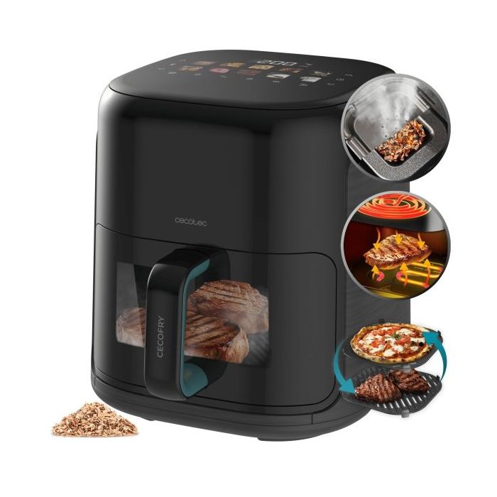 Cecotec Cecofry and Grill Smokin'Prime 4000 Freidora de Aire - 1900W - Capacidad 4L - Temperatura Regulable hasta 200ºC - Ahumador Integrado - Doble Resistencia - Ventana de Visualizacion - Color Negro