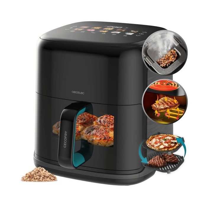 Cecotec Cecofry and Grill Smokin'Prime 6500 Freidora de Aire con Doble Resistencia - 2200W - Capacidad 6.5L - Temperatura Regulable - Grill - Ahumador - Ventana de Visualizacion - Color Negro