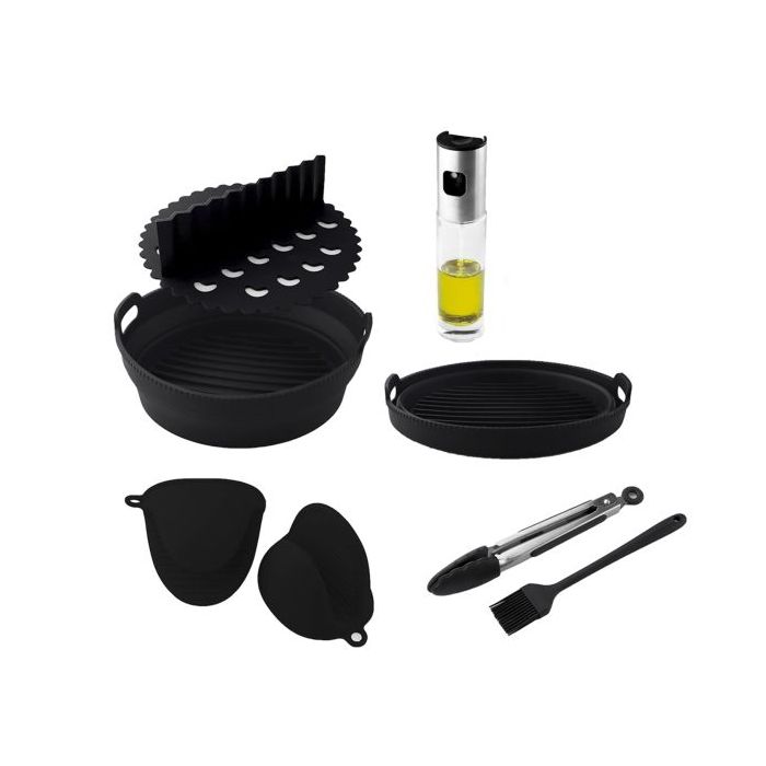 Cecotec Cecofry Pack de Accesorios para Freidora de Aire - Antiadherente - Apto Lavavajillas - Libres de BPA - Molde y Separador - Guantes y Brocha de Silicona - Dispensador de Aceite - Color Negro