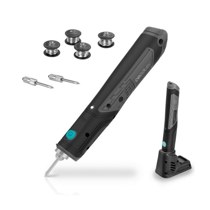 Cecotec CecoRaptor Perfect Solder 360 Advance Soldador Inalambrico - 8W - Autonomia 40min - Bateria 1.5Ah 4V - Temperatura hasta 450ºc - Luz LED - Soporte - Apagado Automatico - Color Negro y Gris