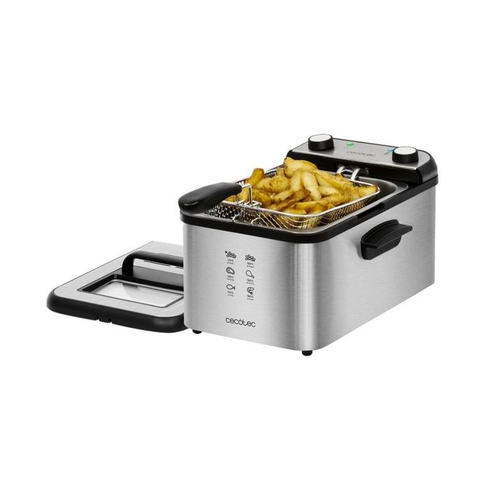 Cecotec Cleanfry Infinity 3000 Freidora Electrica - Potencia de 2400W - Capacidad de 3L - Filtro Incluido - Tapa con Ventana - Temporizador de 30min - Acero Inoxidable - Cubeta Antiadherente