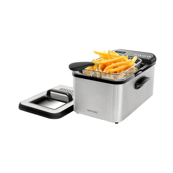 Cecotec Cleanfry Luxury 3000 Freidora Electrica - Potencia de 2400W - Capacidad 3.2L - Pantalla Digital - 5 Programas Preconfigurados - Filtro Incluido - Acero Inoxidable - Tapa con Ventana