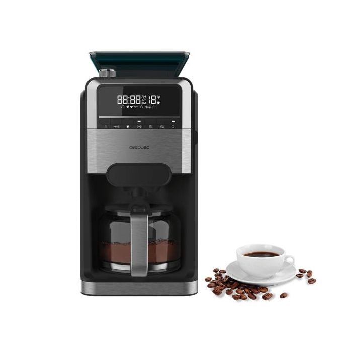 Cecotec Coffee 66 Grind and Brew Cafetera de Goteo de 12 Tazas - 1400W - Jarra de 1.5L - Programable - Acabados en Acero Inoxidable - Deposito y Molinillo Integrado - Color Negro y Gris