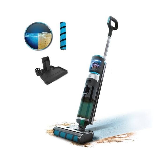 Cecotec FreeGo Wash and Vacuum Fregona Electica - 250W - Autonomia 35min - Base de Autolimpieza - 2 Depositos de 700ml Separados - Rodillo Wet Jalisco - Pantalla Digital - Color Negro y Azul