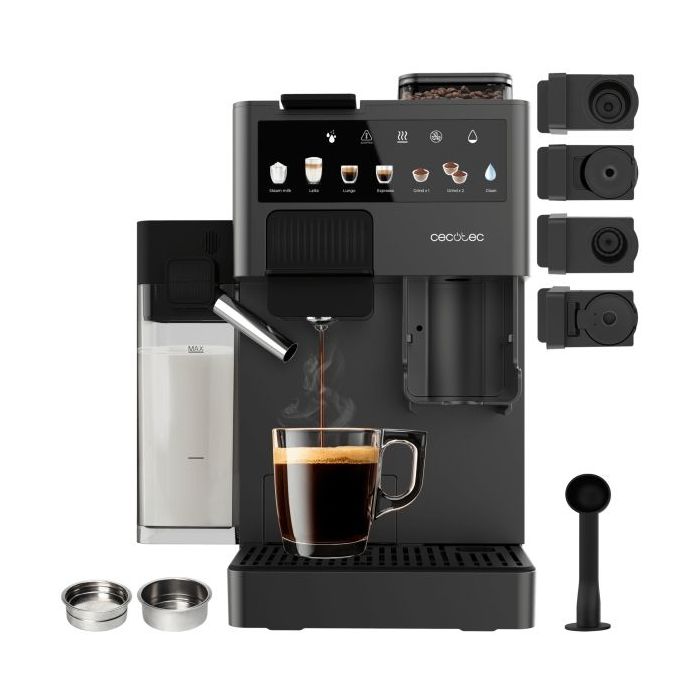 Cecotec Freestyle Grind and Latte Cafetera Expresso Compatible con Capsulas - 1400W - Presion 20bar - Deposito de 1.6L - Capacidad 40g de Cafe - Tanque de Leche - Molinillo - Color Negro