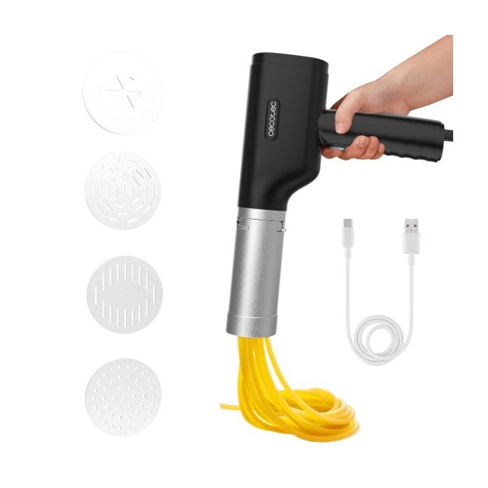 Cecotec Fun EasyPasta Maquina para Pasta y Churros - 40W - Portatil - Capacidad de 200g - Incluye 3 Discos para Pasta - Disco Exclusivo para Churros - Inalambrico - 50 Usos por Carga - Color Negro
