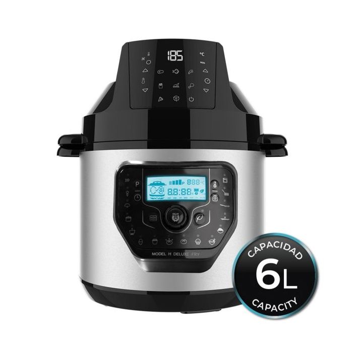Cecotec H Deluxe Fry Olla GM Programable de 6L con Cabezal Freidora de Aire - Antiadherente - Bascula - Pantalla LCD - Ergonomico - Temperatura hasta 200ºC - Control por Voz - Color Negro y Plateado