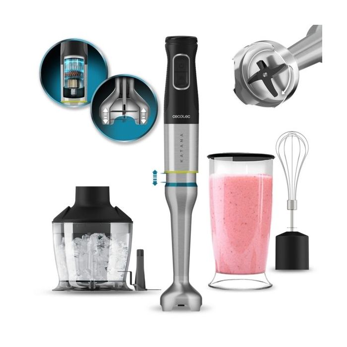 Cecotec Katana 15 Chop Batidora de Mano - 1500W - Funcion Oscilante - Cuchillas de Titanio - 21 Velocidades - Campana Antisalpicaduras - Vaso 800ml - Libre de BPA - Accesorios - Funcion Turbo - Color Negro