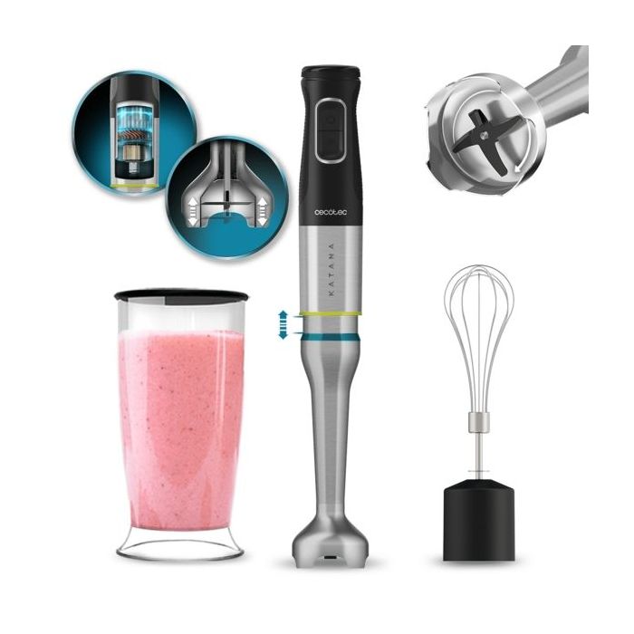 Cecotec Katana 15 Cream Batidora de Mano - Potencia de 1500W - Funcion Oscilante - Cuchillas de Titanio - 21 Velocidades - Campana Antisalpicaduras - Vaso 800ml con Tapa - Funcion Turbo - Color Negro