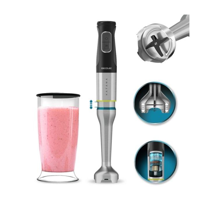 Cecotec Katana 15 Jarg Batidora de Mano - Potencia 1500W - Movimiento Oscilante - Velocidad Ajustable - Cuchillas Recubiertas de Titanio - Modo Turbo - Color Negro y Plateado
