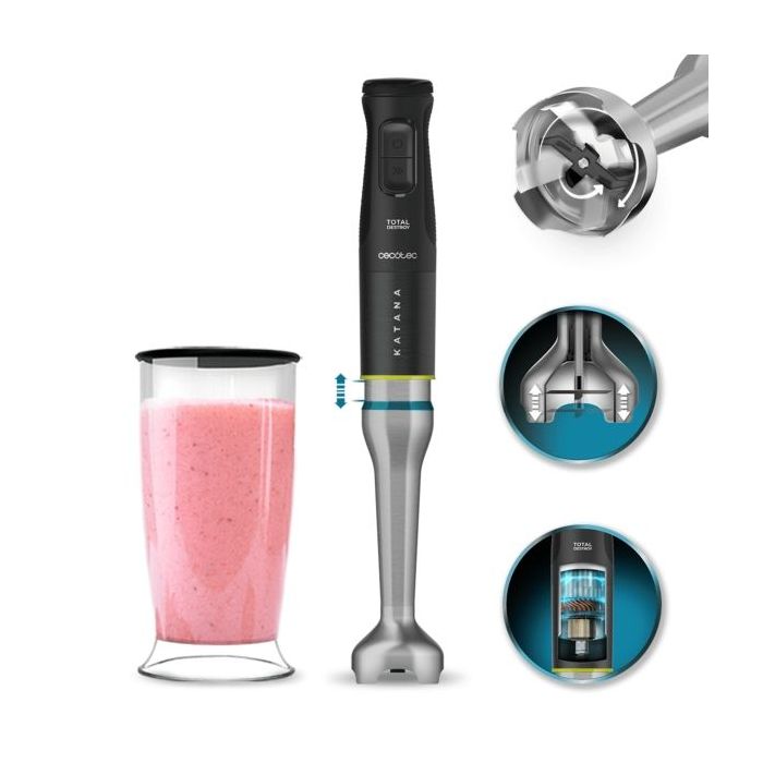 Cecotec Katana 15 TotalDestroy Jar Batidora de Mano - 1500W - Cuchillas de Titanio Efecto Tijera - Funcion Oscilante - 21 Velocidades - Campana Antisalpicaduras - Vaso 800ml con Tapa - Turbo - Color Negro
