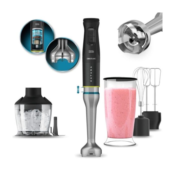 Cecotec Katana 15 TotalDestroy Smash Batidora de Mano - 1500W - Cuchillas de Titanio - Funcion Oscilante - 21 Velocidades - Campana Antisalpicaduras - Set de Accesorios Completo - Turbo - Color Negro