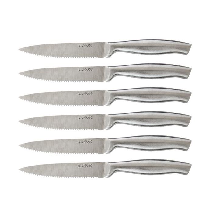 Cecotec Pack de 6 Cuchillos Dentados - Hoja de 1.8mm de Grosor - Hoja de 12cm - Mango de 11.6cm - Acero Inoxidable - Sierra para Carne
