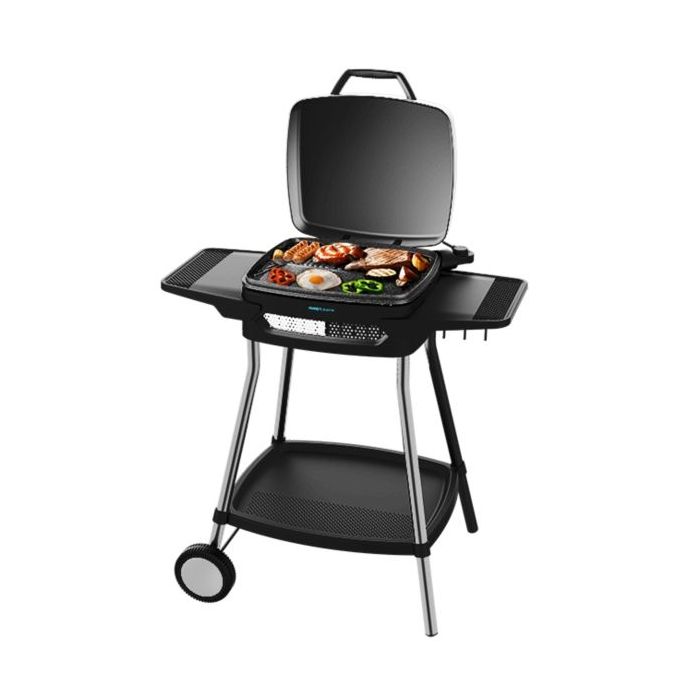 Cecotec PerfectCountry 2000 EasyMove Barbacoa Electrica - 2000W - Antiadherente - Tapa Abatible y Regulable - Bandeja Recogegrasas - Patas de Acero - Asa de Tacto Frio - Color Negro