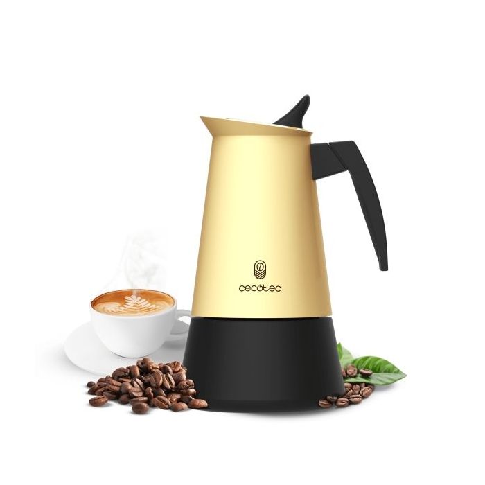 Cecotec Piccolina 400 Cafetera Italiana para 4 Tazas - Acero Inoxidable - Apta para Placas Electricas, Vitroceramicas y Gas - Junta de Silicona Hermetica - Valvula de Seguridad - Color Amarillo