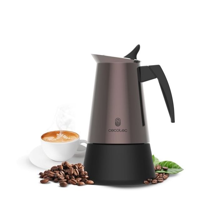 Cecotec Piccolina 900 Cafetera Italiana para 9 Tazas - Acero Inoxidable - Apta para Gas, Electrica y Vitro - Junta de Silicona - Mango Ergonomico - Valvula de Seguridad - Color Bronce