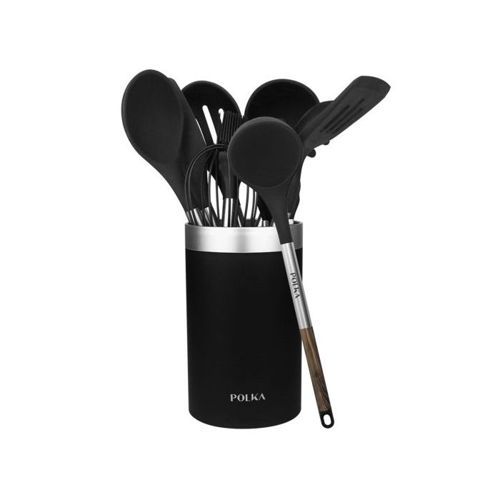 Cecotec Polka Excellence Force Pack de 9 Utensilios de Cocina - Mango Efecto Madera - Silicona Antiadherente - Resistente hasta 220°C - Libre de BPA - Incluye Soporte - Facil de Limpiar - Color Negro