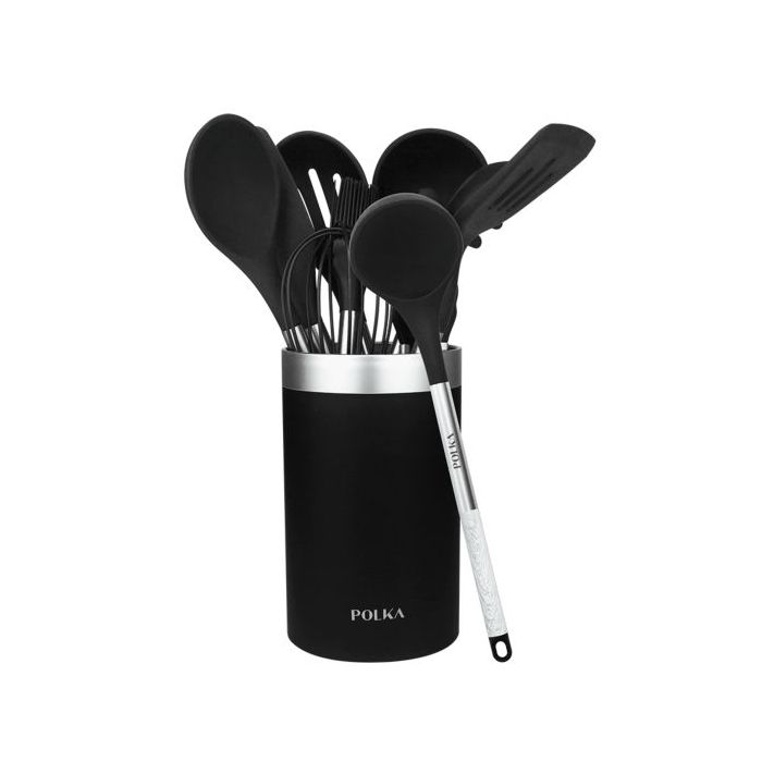 Cecotec Polka Exclusive Wood and Rock Pack de 9 Utensilios de Cocina - Incluye Soporte - Materiales Silicona y Acero - Resistente hasta 220°C - Libre de BPA - Silicona Antiadherente - Color Negro
