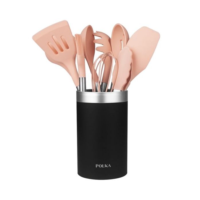 Cecotec Polka Experience Gravity Pack de 9 Utensilios de Cocina - Mango Acero y Caucho Termoplastico - Silicona Antiadherente - Resistente hasta 220°C - Soporte - Libre de BPA - Color Rosa Pastel